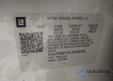 2020 Chevrolet Malibu Fwd Rs из США, поврежденный, VIN 1G1ZG5STXLF078755